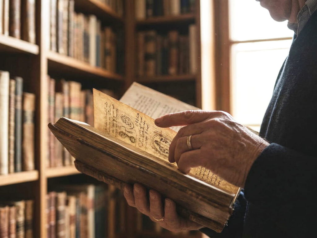 本を見返す男性